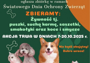 plakat reklamujący zbiórkę karmy dla zwierząt w schronisku w Różannie
